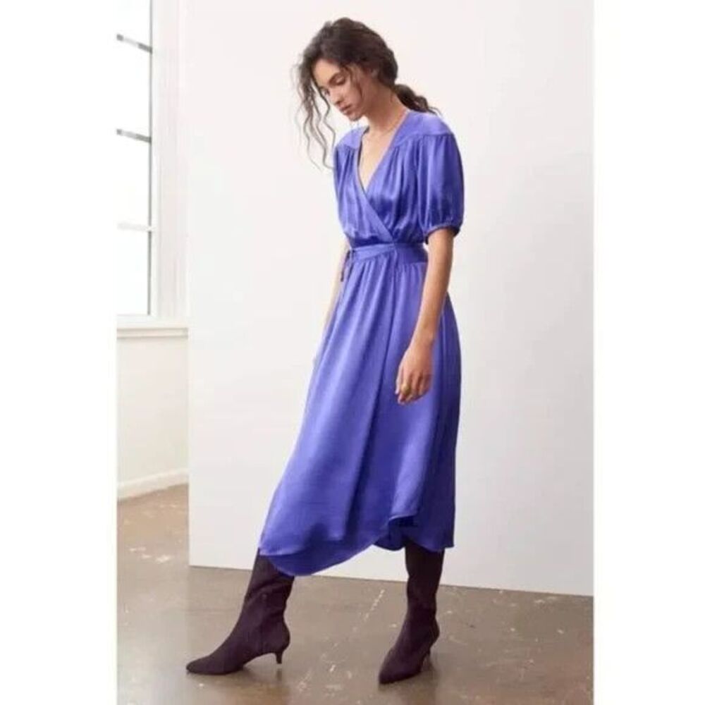 Maeve‎ Anthropologie Dress S Katrina Purple Satin Midi Wrap Puff Sleeve Textured